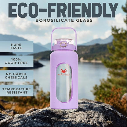 64oz Glass Water Bottle | Lavender Water Bottle with Straw & Time Marker | Half Gallon Water Bottle with Measurements & Silicone Sleeve | Suitable for Travel, Gym, & Daily Intake