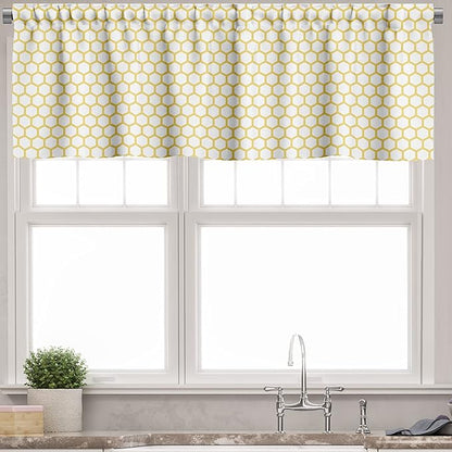 Ambesonne Yellow and White Valance & Tier Curtain 3 pcs Set, Hexagonal Pattern Honeycomb Beehive Simplistic Geometrical Monochrome, Window Treatments for Kitchen Room Decor, 55" x 45", White Yellow