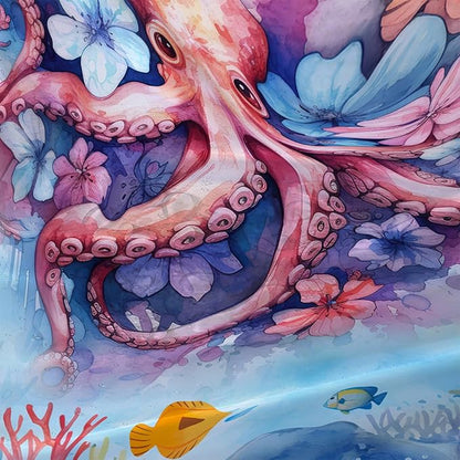 AILONEN Sea Octopuses Shower Curtain Set, Cartoon Octopus with Flowers Waterproof Fabric Shower Curtain,Watercolor Blue Ocean World Cloth Bath Curtain for Bathroom Decor with Hooks,48" Wx72 H