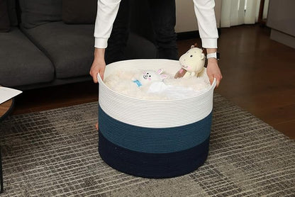 24" x 24" x 17" Max Size Large Cotton Rope Basket, Extra Large Storage Basket, Woven Laundry Hamper, Cloth Storage Bin, for Blankets Clothes Towels Pillows in Living Room, Dark Blue/Deep Blue