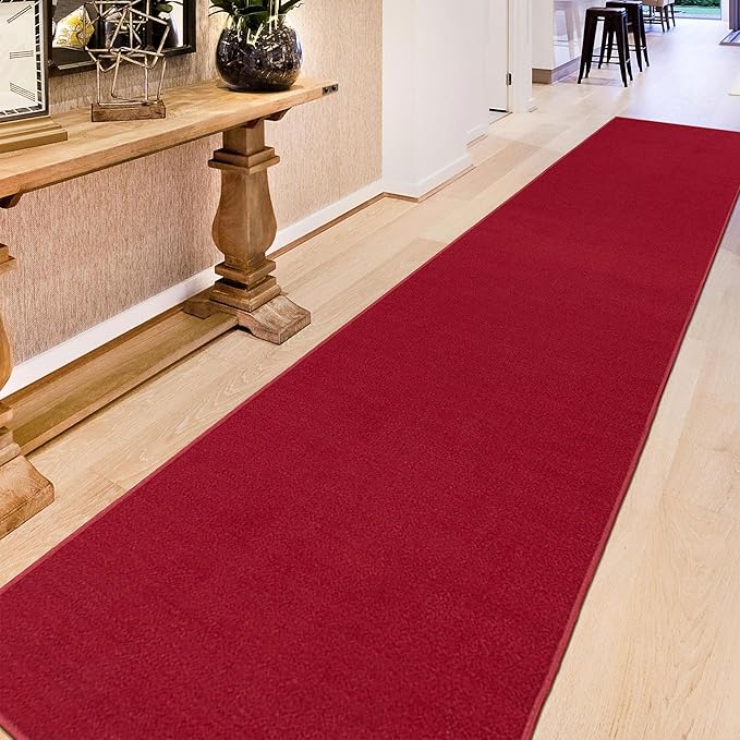 Machine Washable Modern Solid Design Non-Slip Rubberback 3x10 Traditional Runner Rug for Hallway, Kitchen, Bedroom, Living Room, 2'7" x 9'10", Red