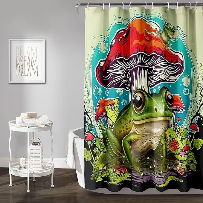 AILONEN Frog Mushroom Shower Curtain,Green Frog Waterproof Fabric Bath Curtain for Kids Girls Boys,Cartoon Animal Wildlife Red Mushroom Shower Curtain Set for Bathroom with Hooks,72" W*96" H