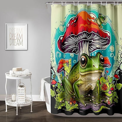 AILONEN Frog Mushroom Shower Curtain,Green Frog Waterproof Fabric Bath Curtain for Kids Girls Boys,Cartoon Animal Wildlife Red Mushroom Shower Curtain Set for Bathroom with Hooks,72" W*78" H