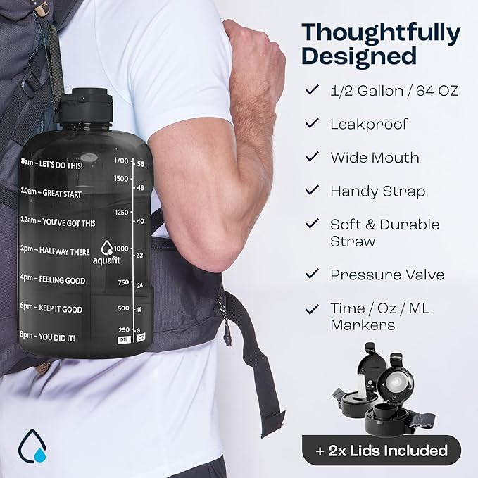 AQUAFIT 64 oz Water Bottle with Time Marker - BPA Free Half Gallon Water Bottle with Straw - Gym Water Bottle with Handle, Gallon Water Jug, Big Water Bottle, Large Water Bottle (Nude, 2 Lids)