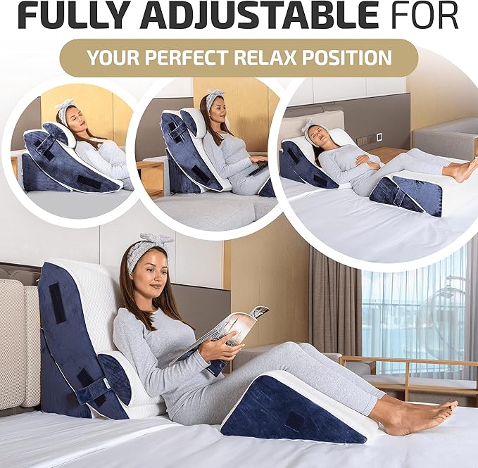 5pcs Orthopedic Bed Wedge Pillow Set w/Leg Elevation Pillow - Perfect Adjustable Memory Foam Pillows for After Surgery Recovery, Back Support, Pain Relief, Acid Reflux, Sleeping & GERD
