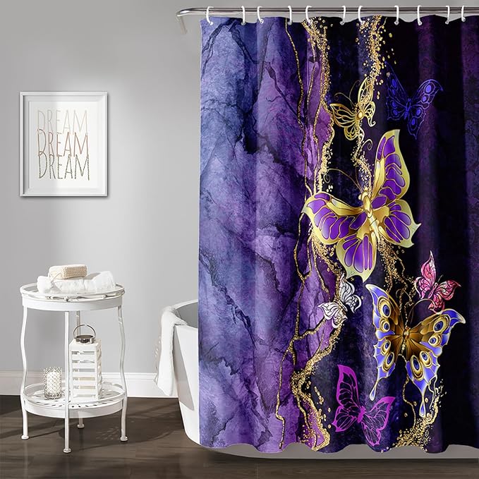 AILONEN Beautiful Butterfly Shower Curtain Bathroom 36" W*72" H Purple Butterfly Curtain Cloth Fabric Bathroom for Girls Kids,Marble Theme Shower Curtain Set