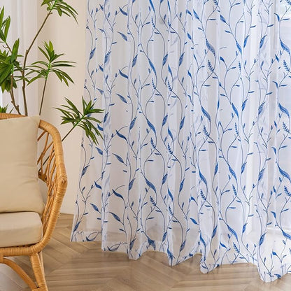 Windows Sheer Curtains Embroider Blue Leaf 90 Inches Length 2 Panels Voile Light Filtering Sheer Curtains Panel Basic Rod Pocket for Bedroom Living Room Children Room