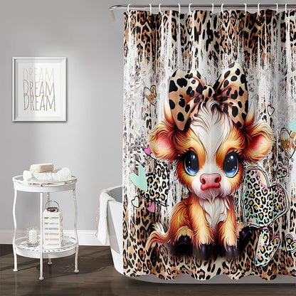 AILONEN Cartoon Yak Shower Curtain Set, Kids Leopard Print Love Yak Waterproof Fabric Shower Curtain for Bathroom Decor,Bow Tie Yak Cloth Bath Curtain Set with Plastic Hooks,72" Wx78 H
