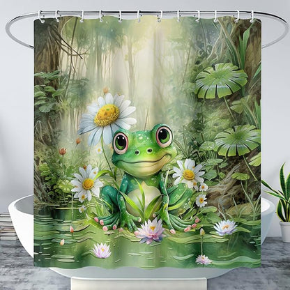 AILONEN Cartoon Frog Shower Curtain,Green Frog with Daisy Bath Curtain Set for Kids Boys Girls,Tropical Amphibian Waterproof Fabric Shower Curtain,Nature Shower Curtain for Bathroom,36" W*72" H
