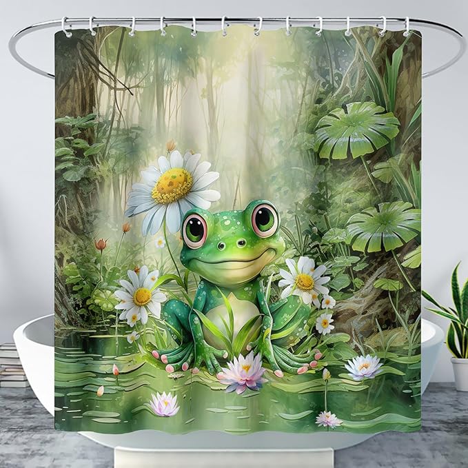 AILONEN Cartoon Frog Shower Curtain,Green Frog with Daisy Bath Curtain Set for Kids Boys Girls,Tropical Amphibian Waterproof Fabric Shower Curtain,Nature Shower Curtain for Bathroom,72" W*78" H