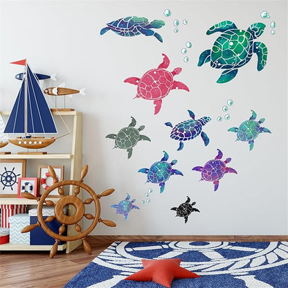Waterproof Removable Watercolor Turtles Vinyl Wall Decal for Nursery Kidsroom School Classroom Livingroom Bedroom Bathroom Sea Life Sticker in Coastal Ocean Theme
