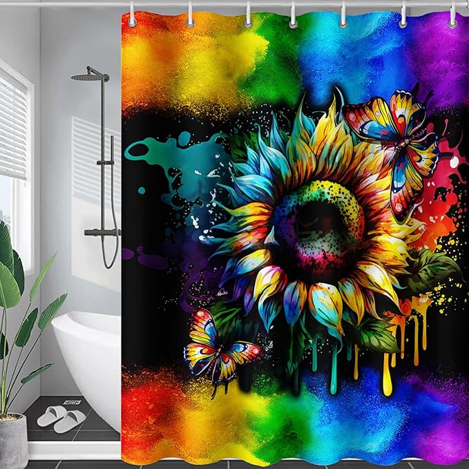 AILONEN Sunflower Shower Curtain, Watercolor Flower Rainbow Decoration,Polyester Fabric,Waterproof with 12 Plastic Hooks Shower Curtains Washable, 60" W x 72" H