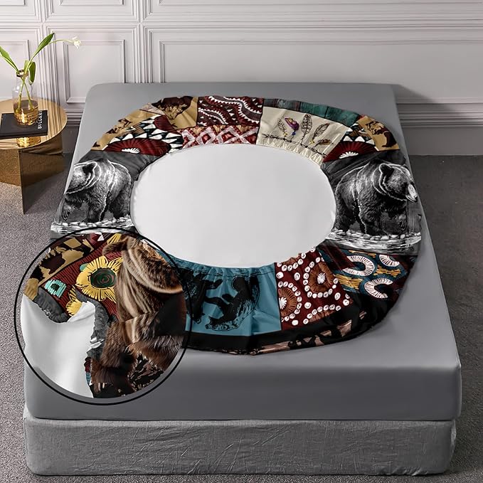 AILONEN Roaring Bear Fitted Sheet Set Queen Size, Rustic Cabin Bed Sheet Set,Wildlife Bedding Grey Bear Plaid Sheet Set,3 Pieces Teen Men Boys Bed Sheet Set,1 Fitted Sheet with 2 Pillowcases