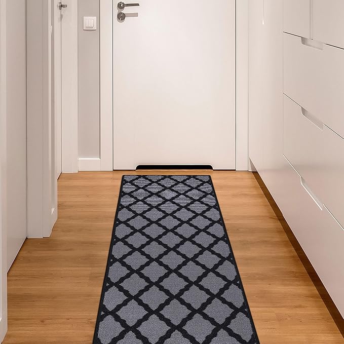 Machine Washable Moroccan Trellis Design Non-Slip Rubberback 2x6 Traditional Indoor Runner Rug for Hallway, Kitchen, Bedroom, 2'2" x 6', Dark Gray