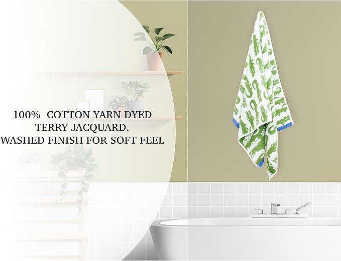 6 Piece Towel Set - Bath Time in A While Crocodile- 2 Bath Towels, 2 Hand Towels, 2 Washcloths in Bonus Tote Bag - 100% Cotton Jacquard Soft Absorbent Pool Beach Towel Gift - Green Blue