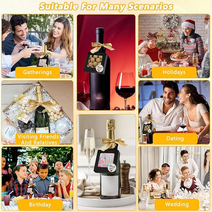 50 Pcs Wine Bottle Box with Window,Hanging Foldable Wine Boxes for Gifts, Kraft Paper Empty Bottle Hanger Box with Thank You Stickers and Champagne Ribbon for Candy Chocolate Cookies(Black)