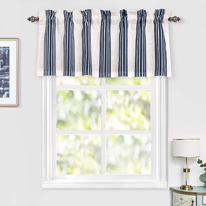 DriftAway Chris Linen Lined Valance Double Layer Thermal Insulated Room Darkening Blackout Valances 3 Inch Rod Pocket Vertical Striped Kitchen Valance for Bathroom 52 Inch by 18 Inch Ivory Dark Blue