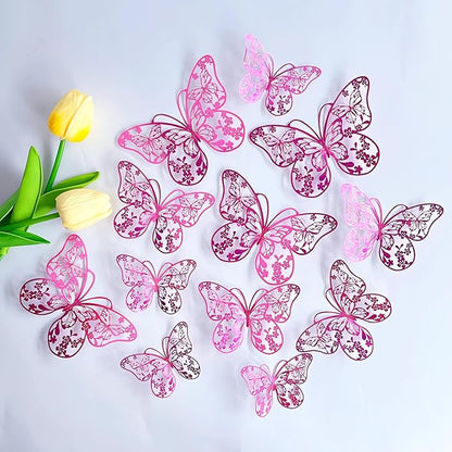 3D Butterfly Wall Decor 3 Sizes 4 Styles, Kurilai 48Pcs Butterfly Decorations Party Birthday Cake Decoration, Removable Wall Stickers for Kids Nursery Wedding Bedroom Room Decor (Pink)