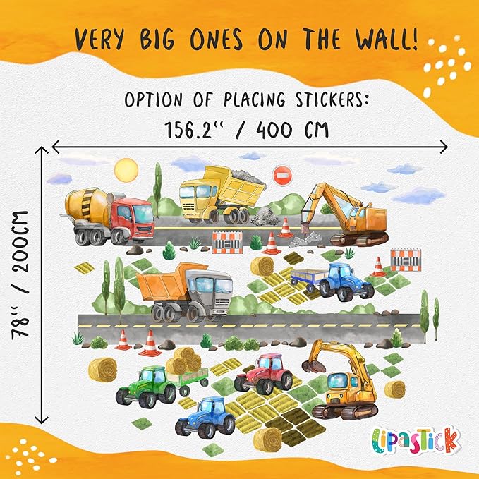 Large Car Wall Decals for Kids by Lipastick - 58 pcs Transports Wall Stickers Peel and Stick Truck Stickers – Construction Cars Wall Decal - Tractor Excavator City Nursery Playroom Wall Décor XXL Size