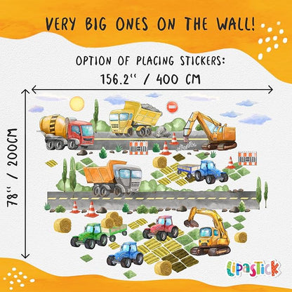 Large Car Wall Decals for Kids by Lipastick - 58 pcs Transports Wall Stickers Peel and Stick Truck Stickers – Construction Cars Wall Decal - Tractor Excavator City Nursery Playroom Wall Décor XXL Size