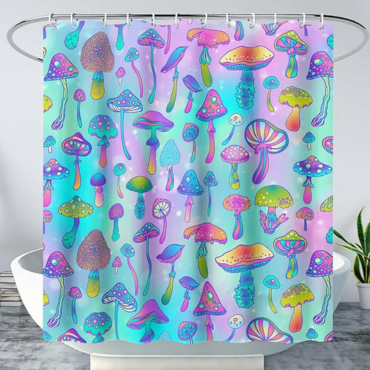 AILONEN Mushroom Shower Curtain for Bathroom,Blue Purple Mushroom Bath Curtain,Cute Cartoon Magic Fungus Decor Bathroom Curtain with 12 Plastic Hooks, 72" W x 96" H