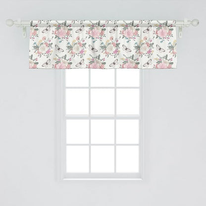 Ambesonne Shabby Flora Window Valance, Peonies Peas Roses Bouquet Butterflies Pastel Tones Bridal Theme, Curtain Valance for Kitchen Bedroom Decor with Rod Pocket, 42" x 18", Pale Pink Green