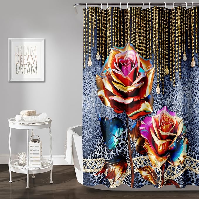AILONEN Gold Rose Shower Curtain for Bathroom- Romantic Floral Shower Curtain -Polyester Fabric Waterproof Decoration- Plants Blue Black Leopard Flowers Bath Shower Curtains Washable, 48" W x 72" H