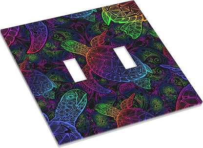 Multicolor Colors Sea Turtle Double Toggle Light Switch Covers 2 Gang Wall Plate Dual Decorative Switchplate Electrical Faceplate for Bathroom Country Kitchen Bedroom Decor, 4.9" x 5"
