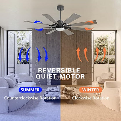 80" Ceiling Fan with Lights and Remote Control, Wood 8 Blades 6-Speed Noiseless Reversible DC Motor, 3 Downrods, Modern Indoor/Outdoor Ceiling fan for Office Porch Dining Living Room, Black+Wood