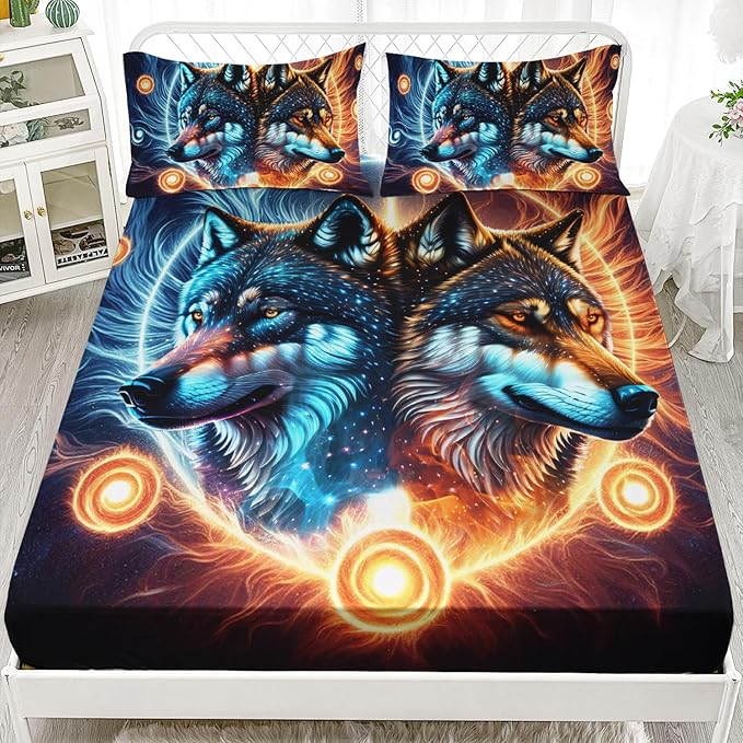 AILONEN Boys Wolf Fitted Sheet Set Twin Wolf Bed Sheet Set, Wildlife Animal Theme Fitted Sheet with 2 Pillowcases,3 Pieces Ice and Fire Light Wolves Print Fitted Sheet Set