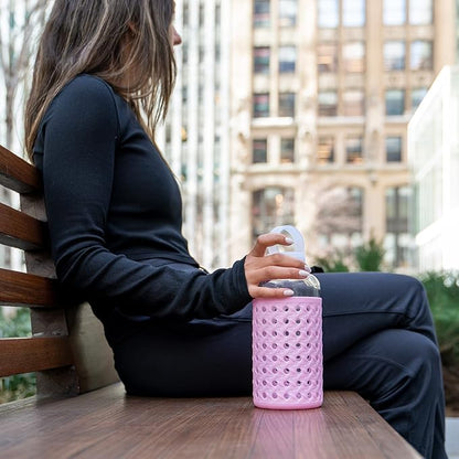 Apana Yoga Glass Water Bottles BPA Free Non Slip Sleeve Leak Proof Lid Reusable 19 Oz and 32 Oz Sports Water Bottle Wide Mouth Lid Portable Hydration Tumbler