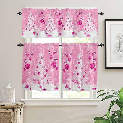 Pink Christmas Kitchen Curtains and Valances Set, White Xmas Tree Snowflakes Pink Balls Windows Treatments Tiers Half/Short Curtains for Small Windows Cafe /Living Room/ Bedroom 54x36 in Winter