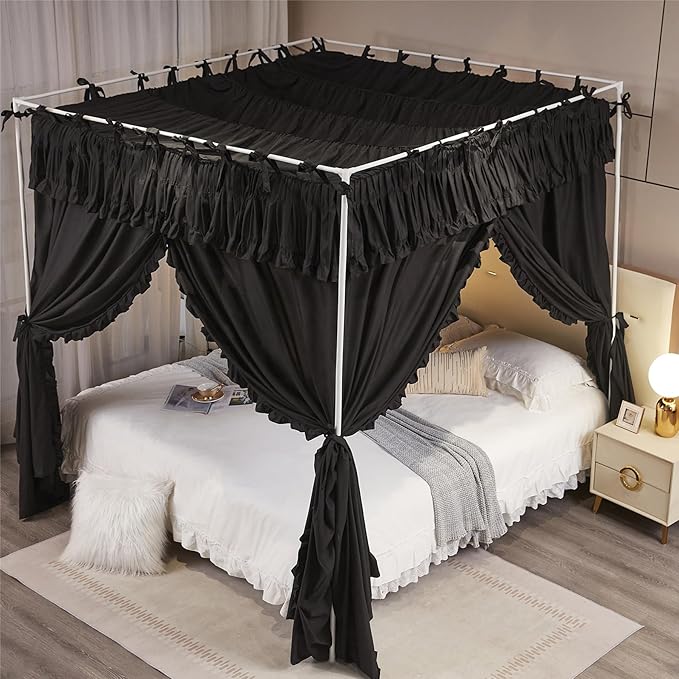 4 Corners Post Princess Ruffle Curtain Bed Canopy Lace Up Elastic Cozy Breathable Tent Mosquito Net for Girls Bedroom Decoration(Black, 59-64" W*82" L*82" H/Queen)