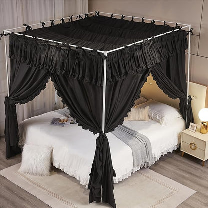 4 Corners Post Princess Ruffle Curtain Bed Canopy Lace Up Elastic Cozy Breathable Tent Mosquito Net for Girls Bedroom Decoration(Black, 47-53" W*78" L*82"*H/Full)