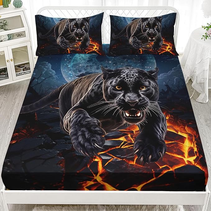AILONEN Black Panther Fitted Sheet Set Full Size,Safari Cheetah Leopard Print Bed Sheet Set,Magic Moon Animal Theme Leopard Fitted Sheet with 2 Pillowcases,3 Pieces Boys Full Bed Sheet Set