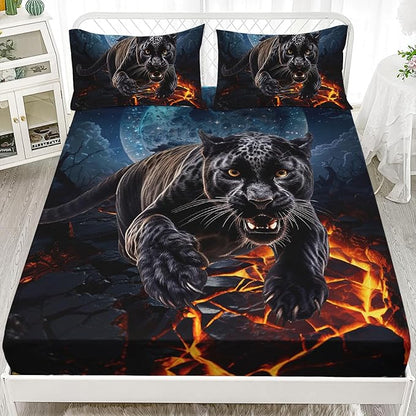 AILONEN Black Panther Fitted Sheet Set Full Size,Safari Cheetah Leopard Print Bed Sheet Set,Magic Moon Animal Theme Leopard Fitted Sheet with 2 Pillowcases,3 Pieces Boys Full Bed Sheet Set