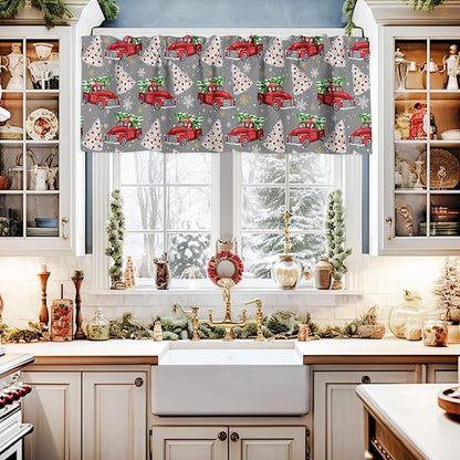 Red Truck Christmas Valance Curtains for Kitchen Windows Merry Christmas Tree Rod Pocket Window Treatment Toppers for Kitchen/Living Room/Bedroom/Bathroom, 60" X 18", Winter Snowflake Grey