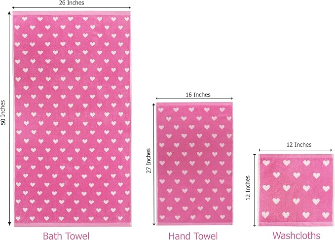 6 Piece Towel Set - Bath Time Hearts - 2 Bath Towels, 2 Hand Towels, 2 Washcloths in Bonus Tote Bag - 100% Cotton Jacquard Colorful Soft Absorbent Pool Beach Kids Towel Gift - Pink White