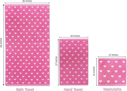 6 Piece Towel Set - Bath Time Hearts - 2 Bath Towels, 2 Hand Towels, 2 Washcloths in Bonus Tote Bag - 100% Cotton Jacquard Colorful Soft Absorbent Pool Beach Kids Towel Gift - Pink White