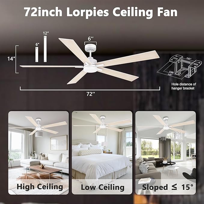 72" Large Smart Ceiling Fan with Lights Remote,Silent DC Motor,Control via Voice Alexa Google App,Outdoor Indoor Modern Ceiling Fans for Large Living Room Patios Decks,Dimmable,5 Blades in White&Wood