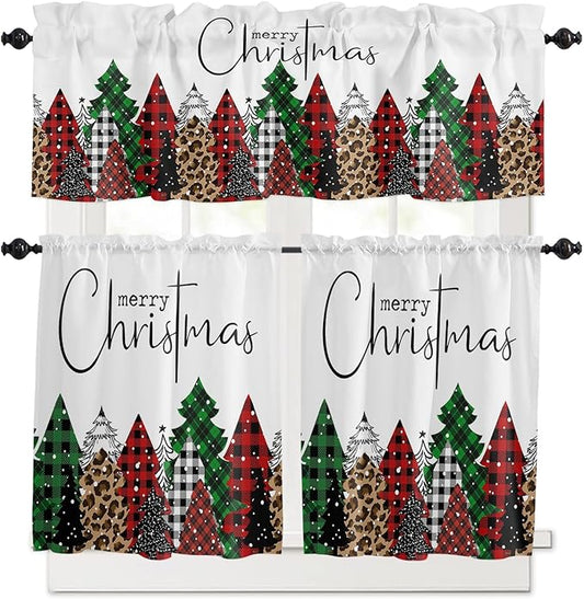 Merry Christmas Kitchen Curtains and Valances Set, Buffalo Plaid Xmas Tree Winter Forest Farmhouse Small Windows Treatments Tiers Short Curtains for Cafe /Living Room/ Bedroom 54x36 in Red Green