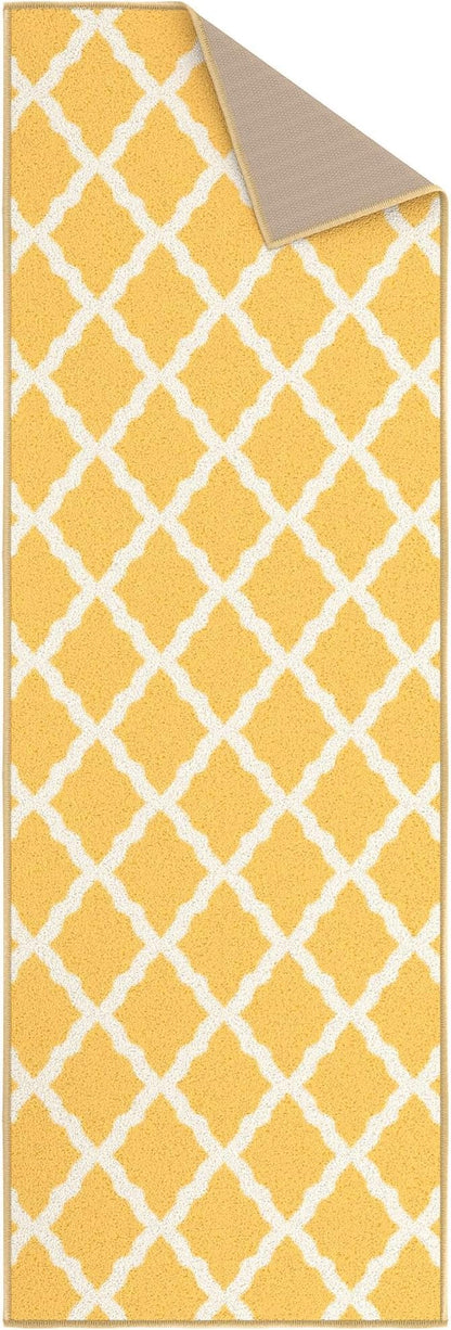 Machine Washable Moroccan Trellis Design Non-Slip Rubberback 2x5 Traditional Indoor Runner Rug for Hallway, Kitchen, Bedroom, Entryway, 20" x 59", Yellow