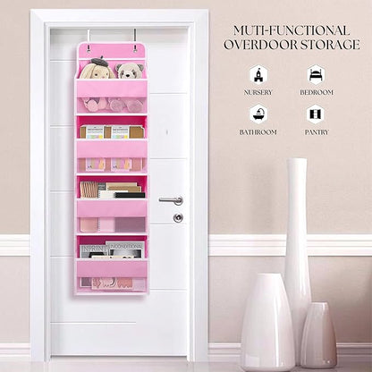 Heavy Duty Over Door Organizer, Wall Mount Hanging Organizer Storage with 4 Large Capacity Pockets, Closet Bathroom Nursery Bedroom Dorm, Toys Cosmetics Sundries and Baby Essentials, Pink