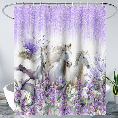 AILONEN Horse Shower Curtain for Boys Girls, Purple Lavender Flower Bath Curtain 72" W*78" H Galloping Horse Bathroom Curtain Polyester Waterproof Watercolor Bathroom Curtain with 12 Hooks
