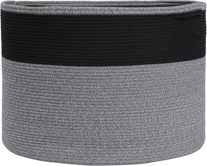 24" x 24" x 17" Max Size Large Cotton Rope Basket, Extra Large Storage Basket, Woven Laundry Hamper, Cloth Storage Bin, for Blankets Clothes Towels Pillows in Living Room, Black in Grey Mix