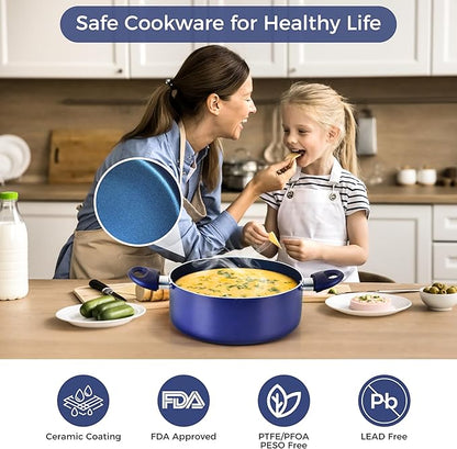 Clockitchen Non Stick Pots and Pan Set, Ceramic Cookware Set with Stay-Cool Handles, 10pcs Blue Induction Cooking Set Suitable for Gas, PFOA Free