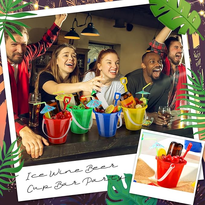 Meekoo 12 Pcs Plastic Rum Buckets for Drinks with 40 Colorful Straws Portable Cocktail Buckets Ice Cream Buckets with Handles Reusable Smoothie Bucket for Summer Bar Kitchen Multifunctional Punch Bowl