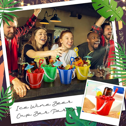 Meekoo 12 Pcs Plastic Rum Buckets for Drinks with 40 Colorful Straws Portable Cocktail Buckets Ice Cream Buckets with Handles Reusable Smoothie Bucket for Summer Bar Kitchen Multifunctional Punch Bowl