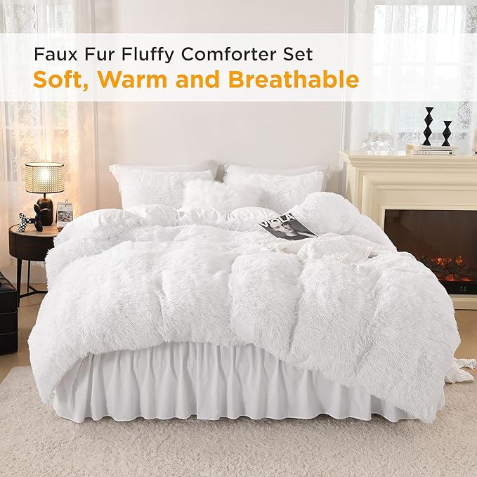 Litanika White Fluffy Comforter Queen, Luxury Plush Shaggy Fuzzy Bedding Set for Queen Bed, Ultra Soft Warm Velvet Comforter 3 Pieces(1 Faux Fur Comforter 90×90 Inch, 2 Pillowcases)