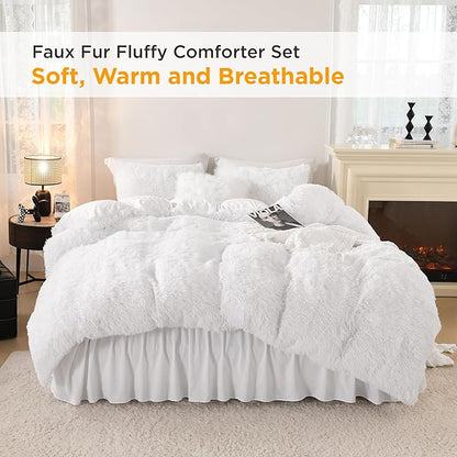 Litanika White Fluffy Comforter Queen, Luxury Plush Shaggy Fuzzy Bedding Set for Queen Bed, Ultra Soft Warm Velvet Comforter 3 Pieces(1 Faux Fur Comforter 90×90 Inch, 2 Pillowcases)